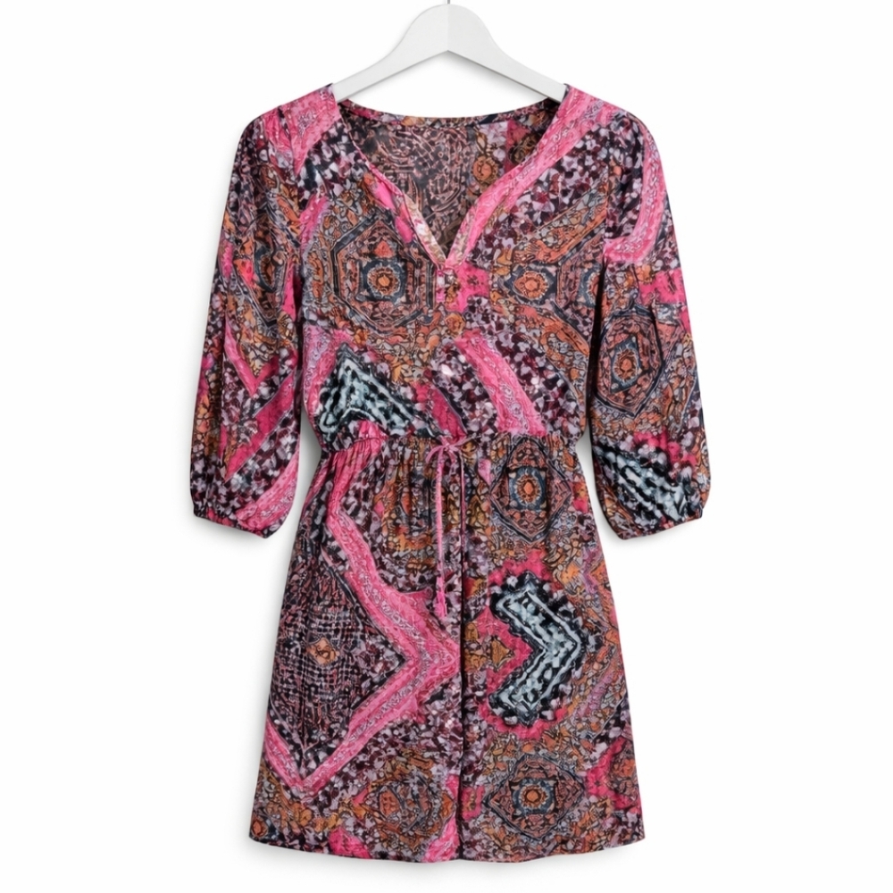 Kalijati Boho Geometric Print Tie Waist Tunic Dress Indie Festival Pink Dress Sm